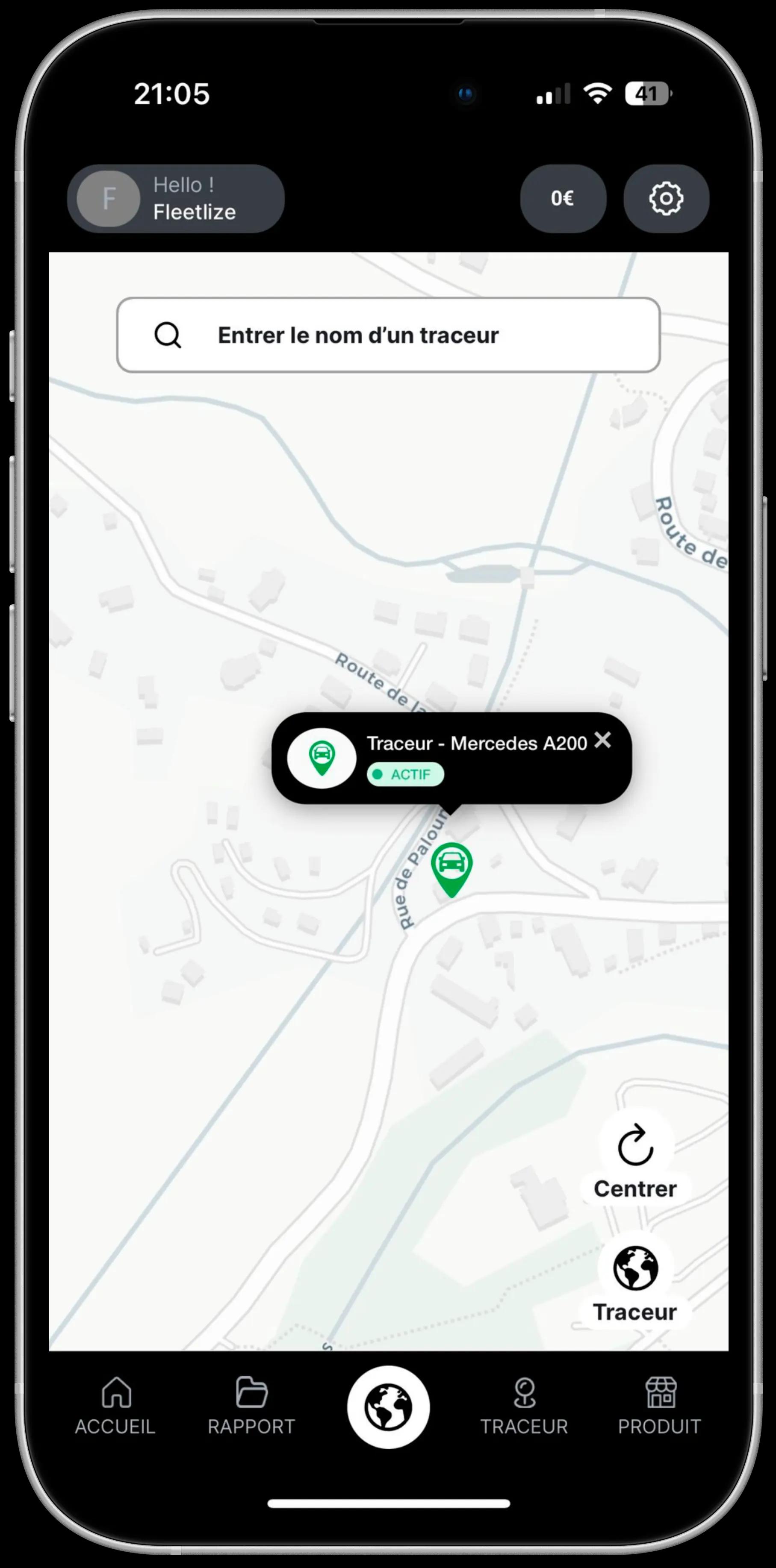 Application mobile Fleetlize : carte de suivi en temps réel
