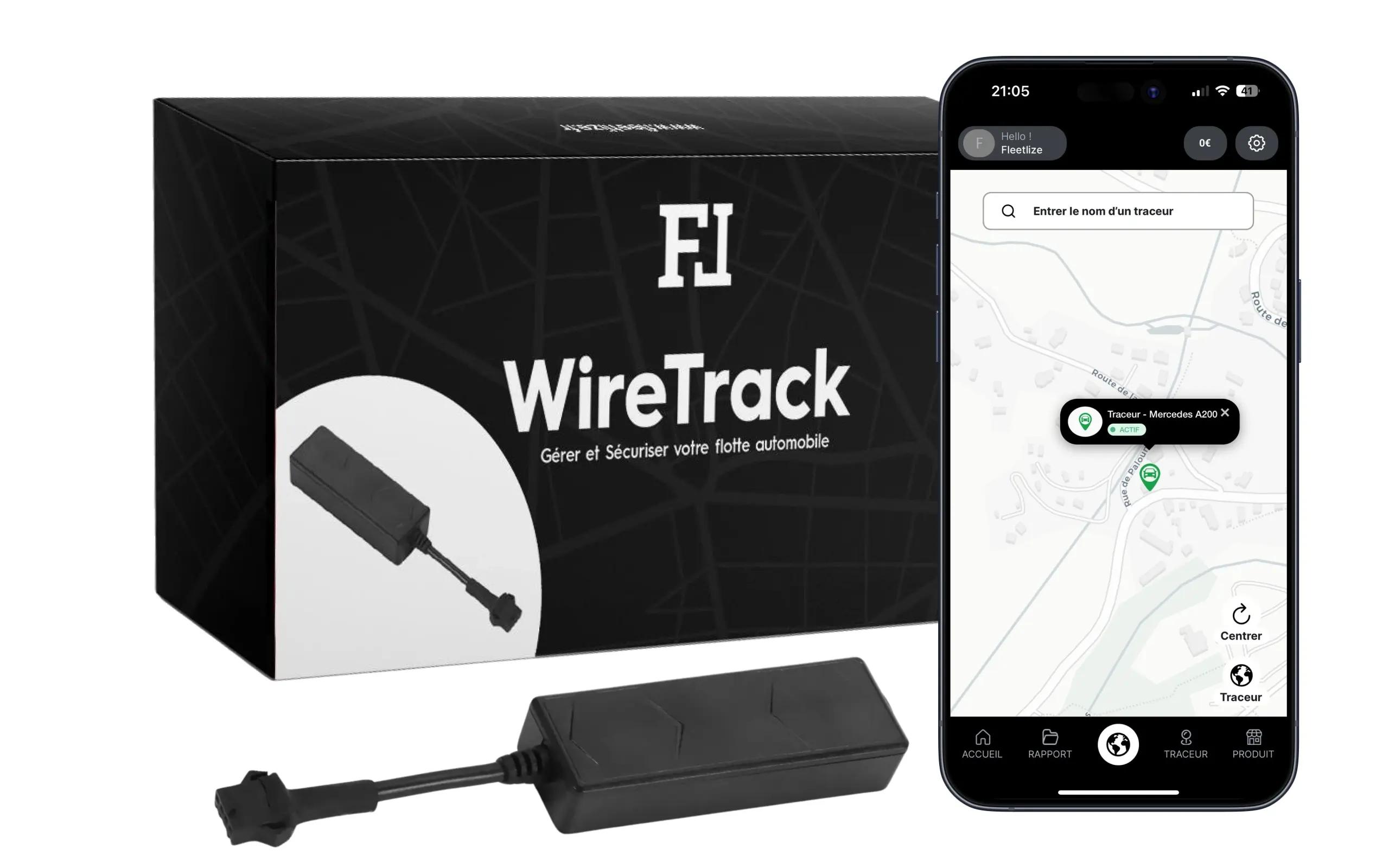 Coffret Wiretrack, boîtier du traceur et accessoires nécessaires à son installation